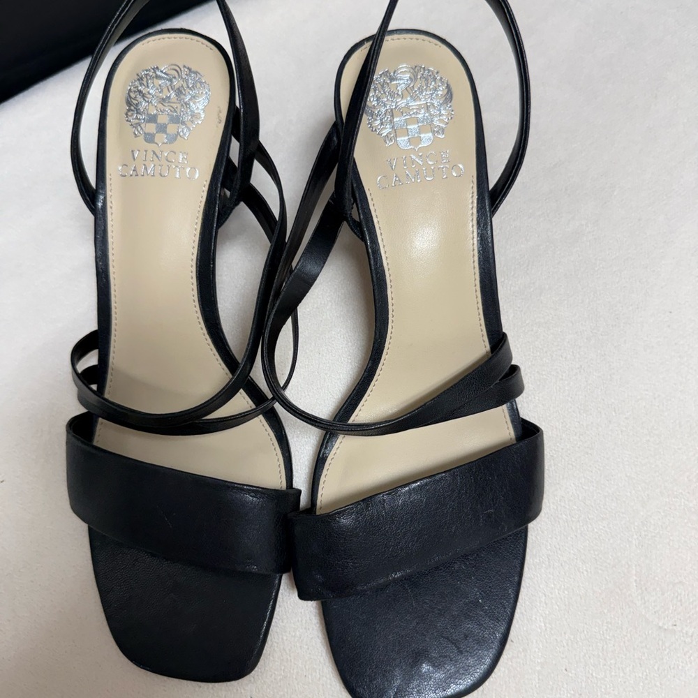 Vince Camuto Black Leather Strappy Square-Toe Heels